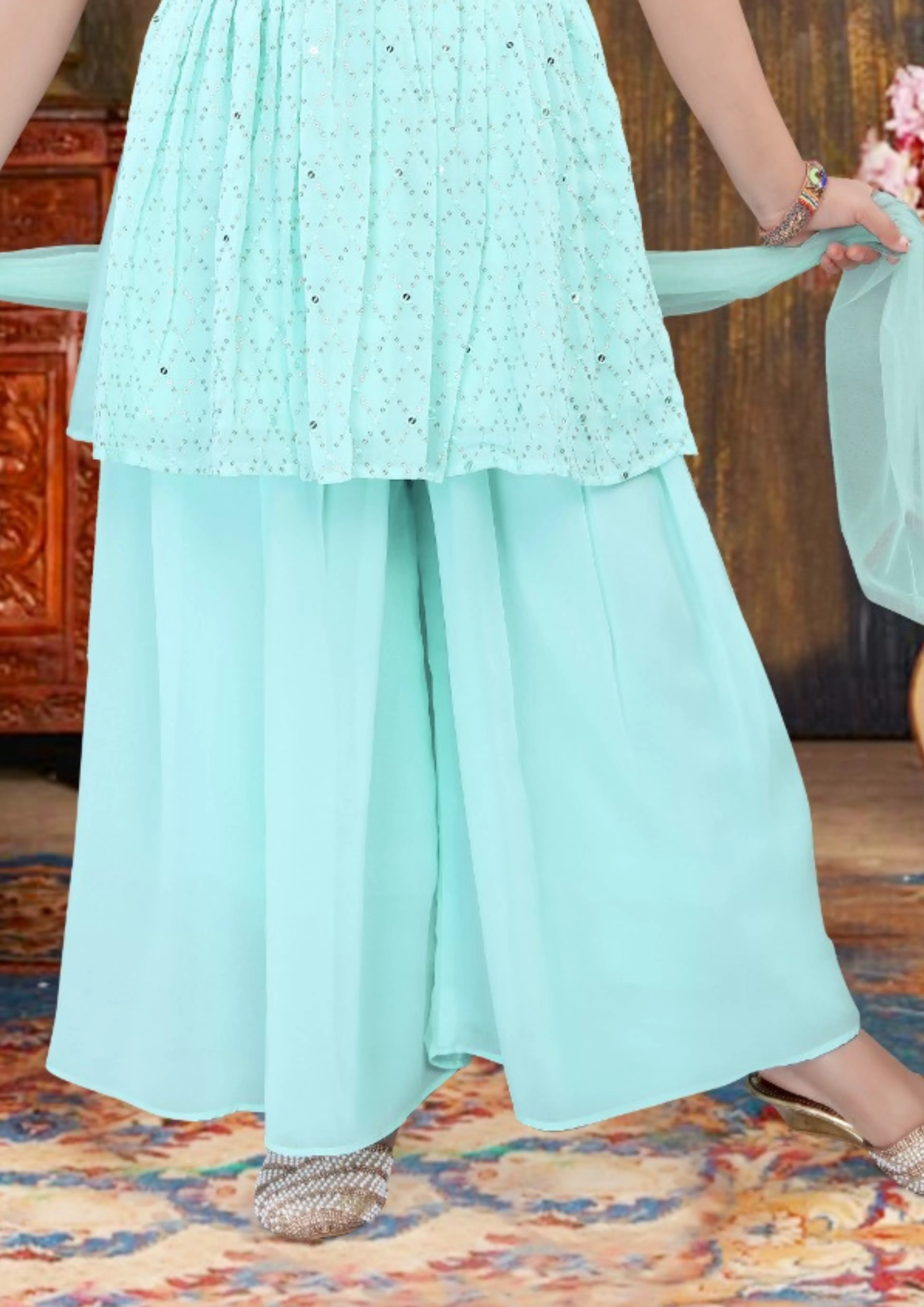 Appealing Sky Blue Color Georgette Designer Sharara Suits And Embroidery Work For Girl