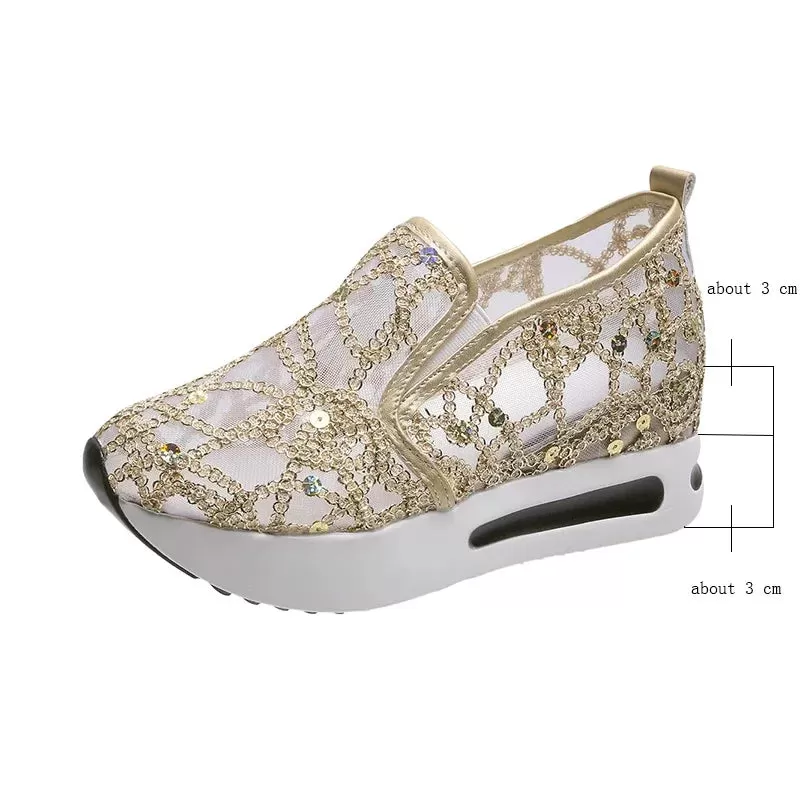 Ashore Shop womens Wedge Shoes Sequin Mesh Breathable Shoes Women Gold Silver Platform Sneakers