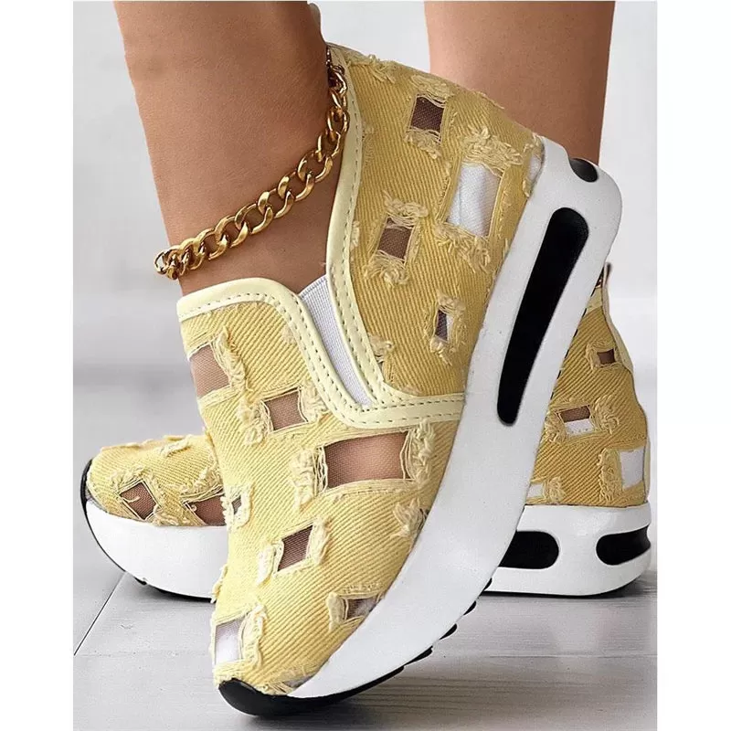 Ashore Shop womens Wedge Shoes Sequin Mesh Breathable Shoes Women Gold Silver Platform Sneakers