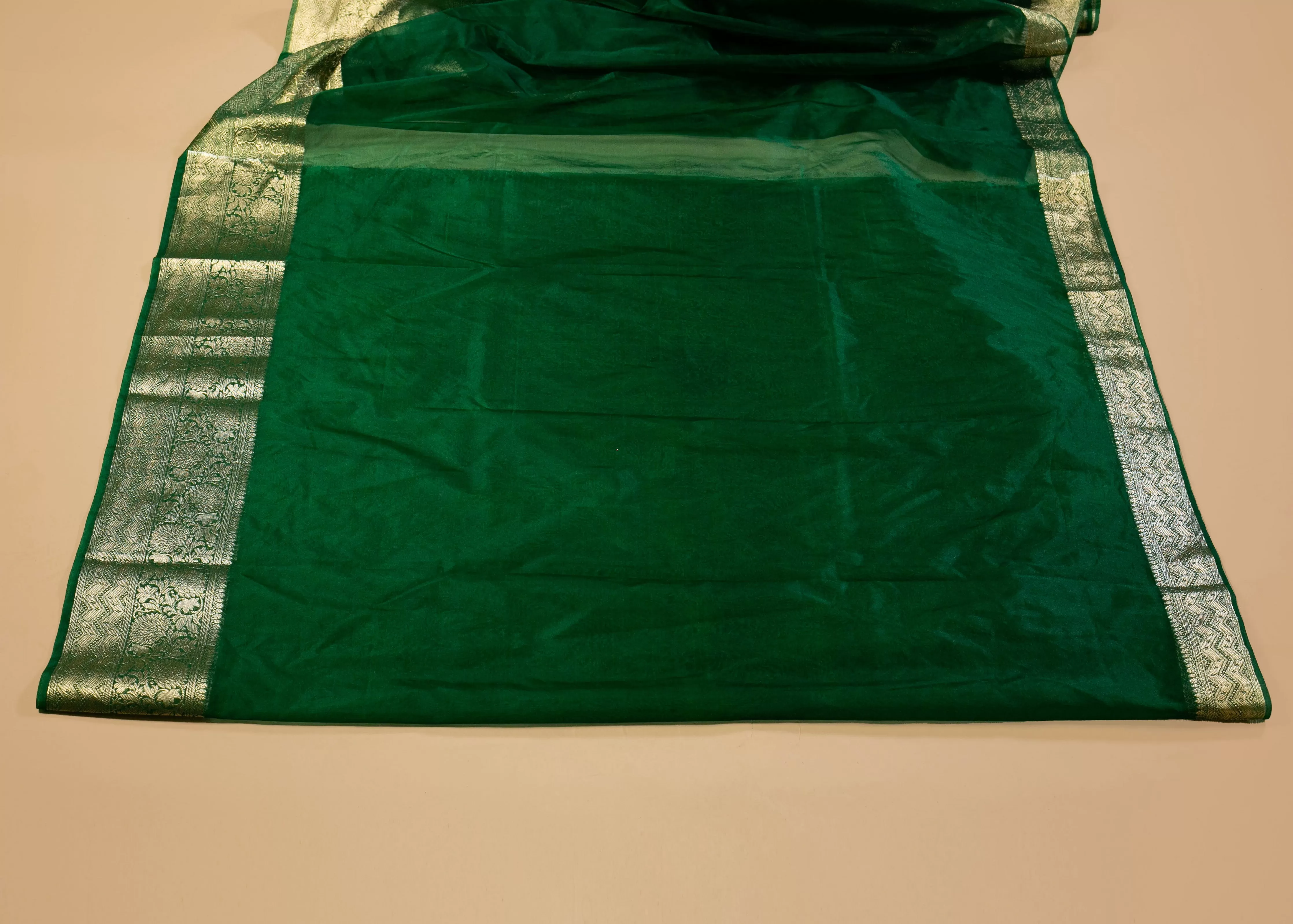 Banarasi Gold Woven Border Georgette Organza Saree with Woven Border Blouse in Bottle Green