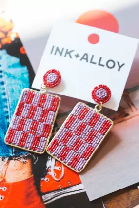 Beaded Dangle Rectangle Post Earring, Red Check | Ink   Alloy