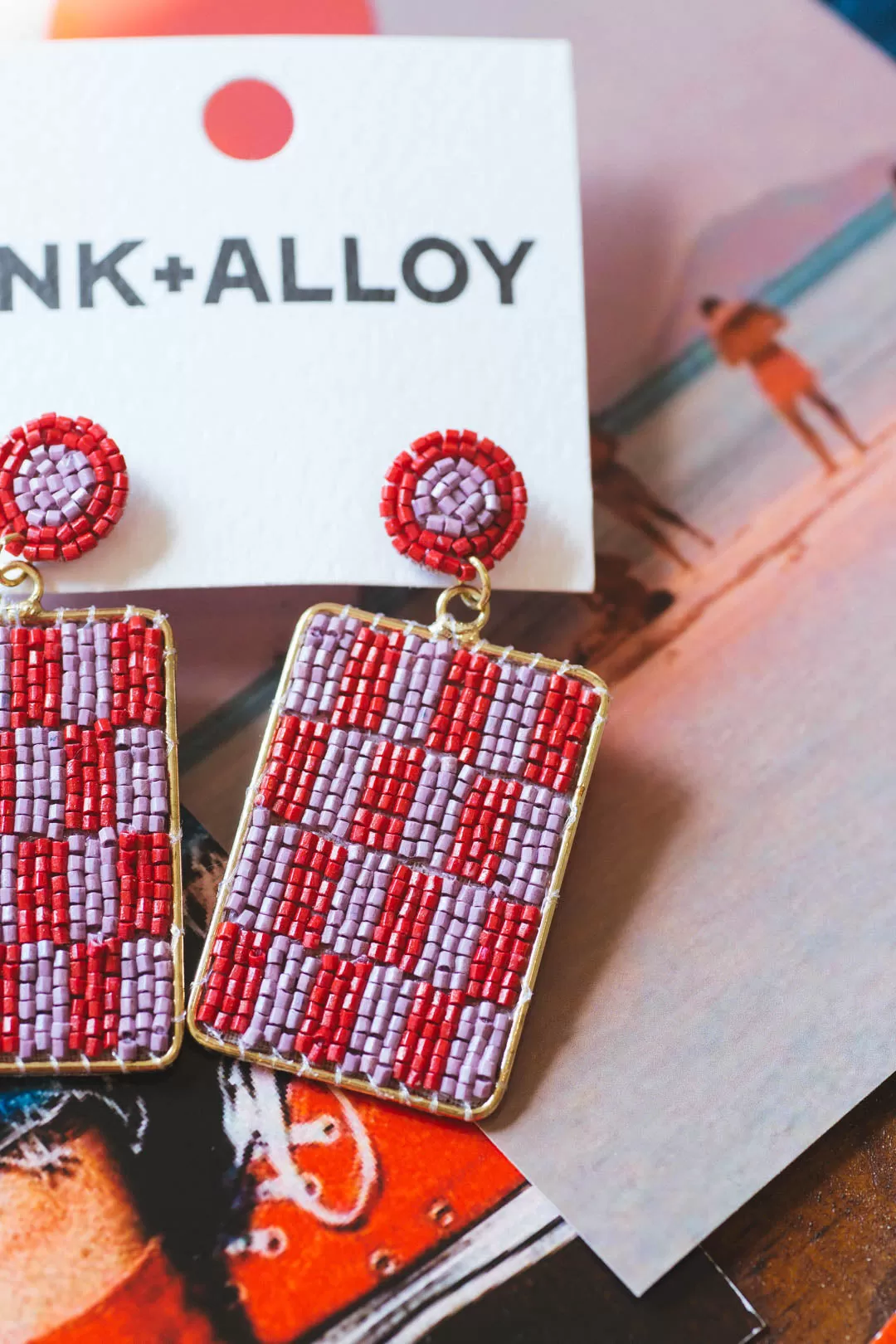 Beaded Dangle Rectangle Post Earring, Red Check | Ink   Alloy