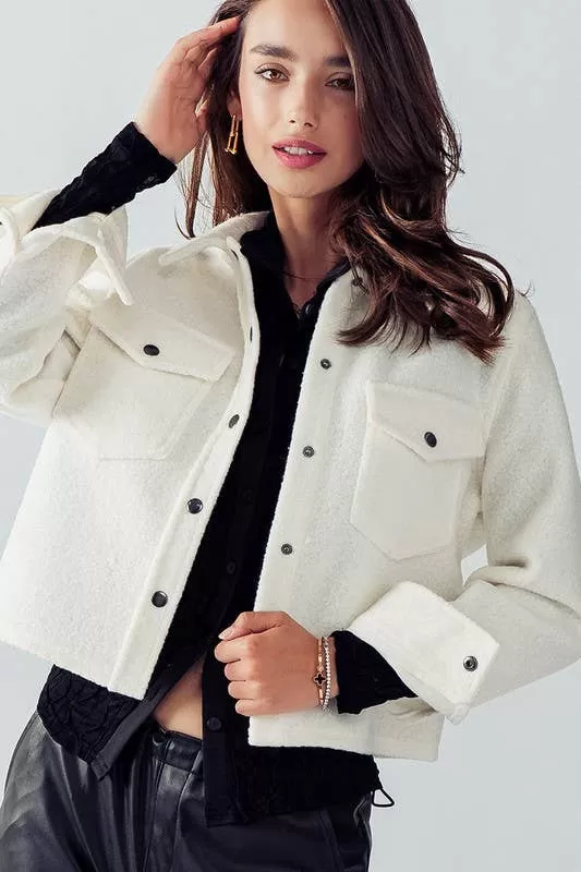 Bella Snap Button Semi Crop Teddy Jacket in Ivory