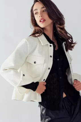 Bella Snap Button Semi Crop Teddy Jacket in Ivory