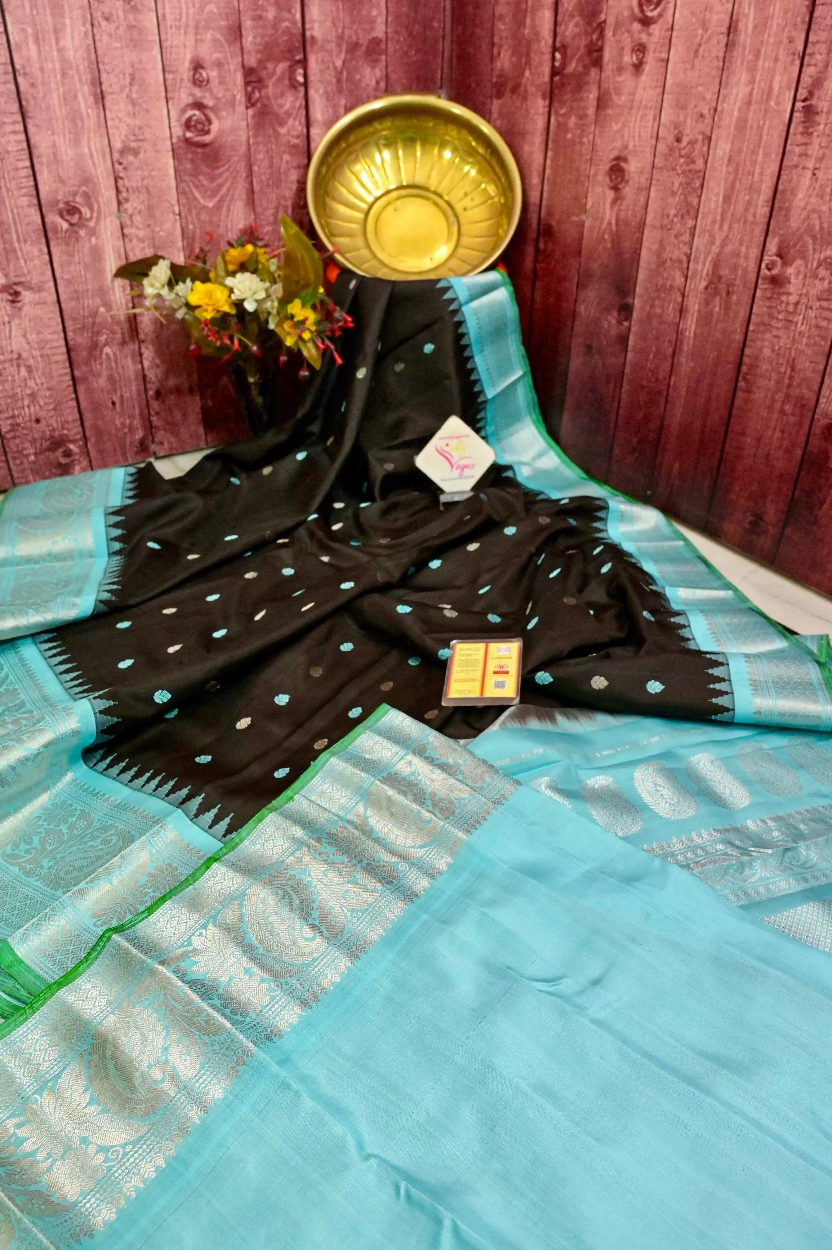 Black and Sky Blue Color Pure Gadwal Silk Saree with Silver Zari Work