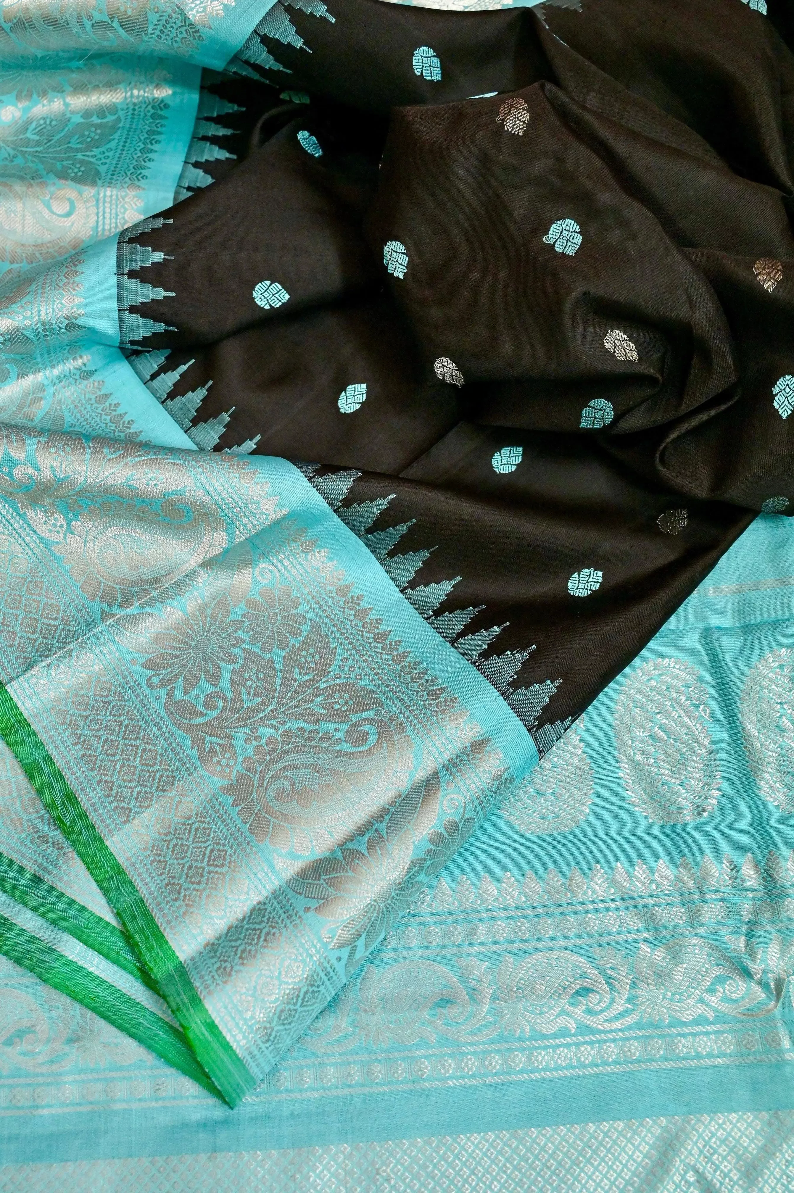 Black and Sky Blue Color Pure Gadwal Silk Saree with Silver Zari Work