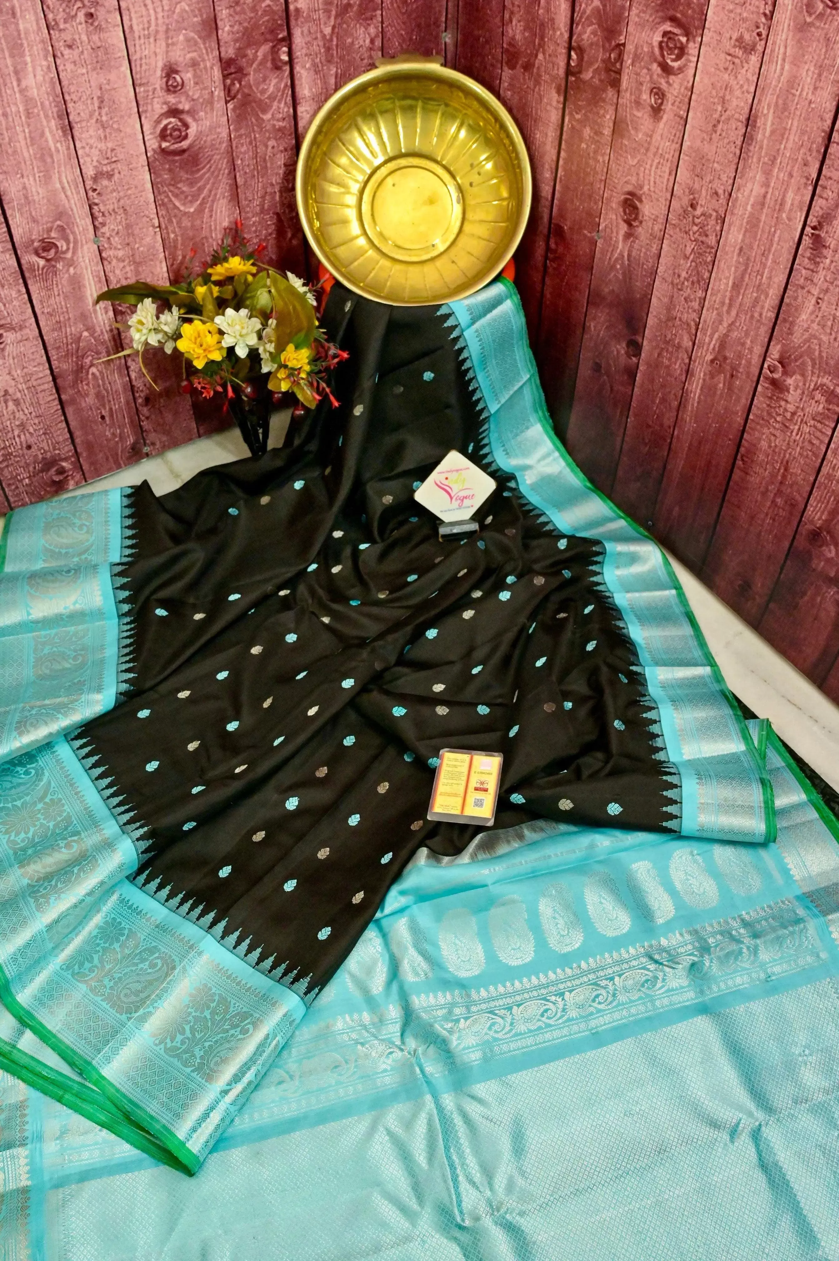 Black and Sky Blue Color Pure Gadwal Silk Saree with Silver Zari Work