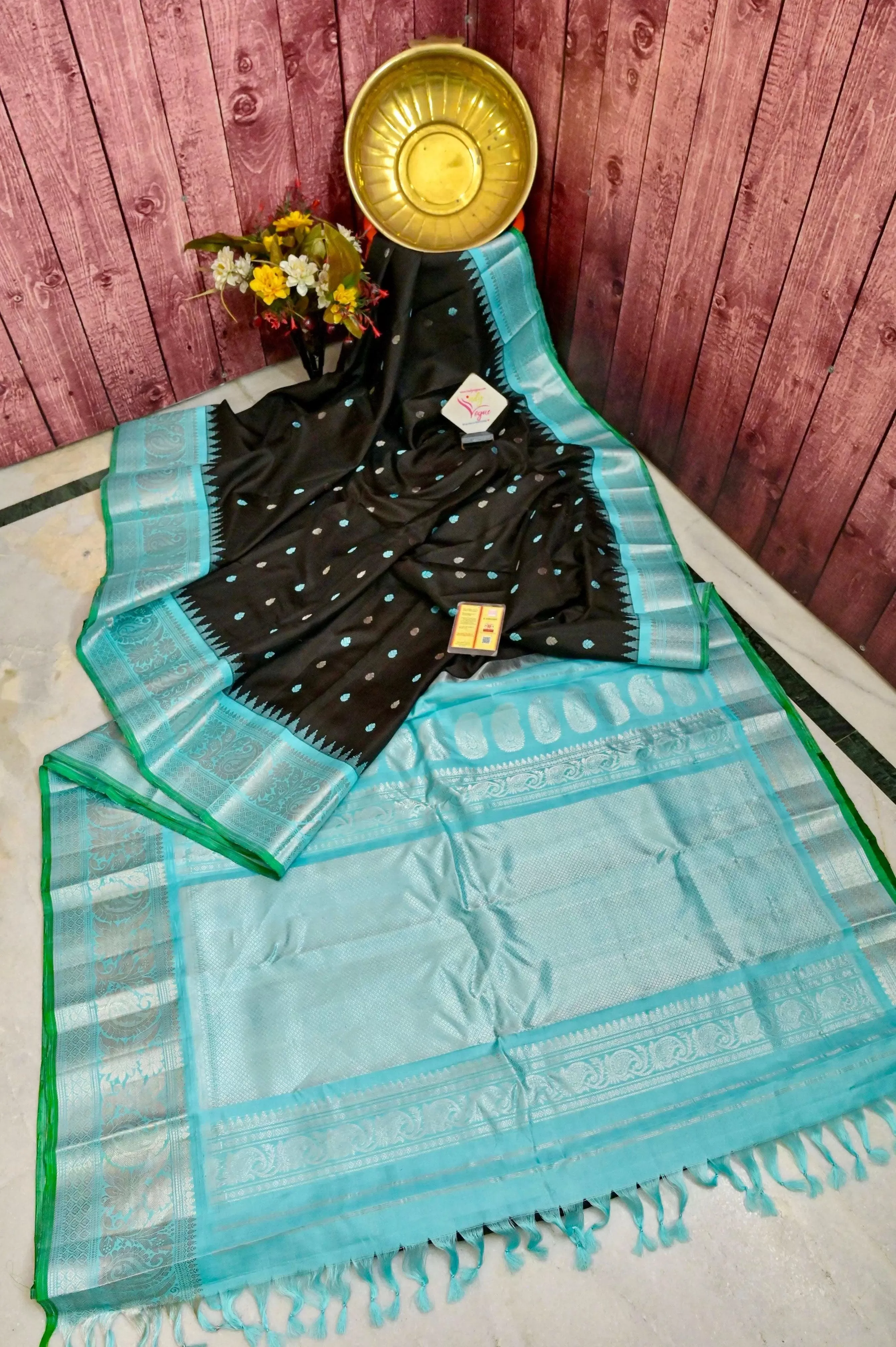 Black and Sky Blue Color Pure Gadwal Silk Saree with Silver Zari Work