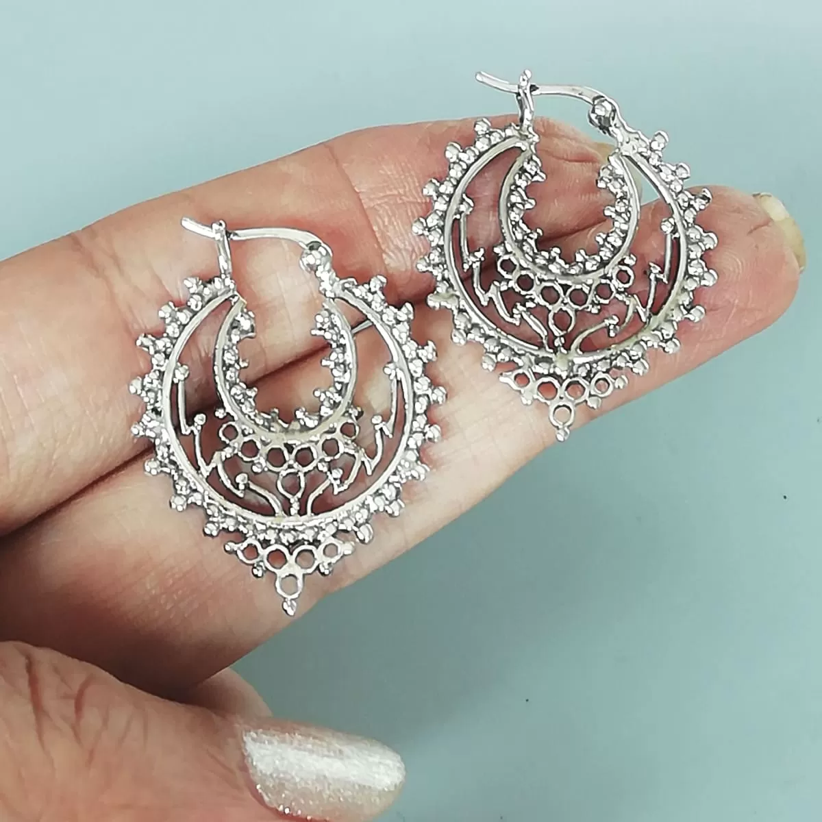 Bohemian silver hoops | Indian ear hoops | Ear hoops | Ethnic earrings | Silver earrings | Gift earrings | Silver wire hoops | E908