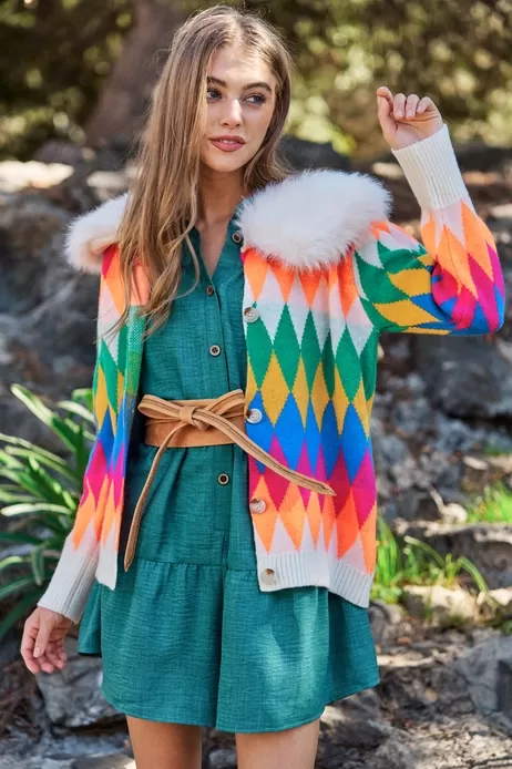 Colorful Diamond Faux Fur Cardigan