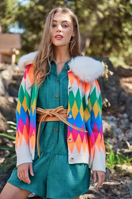 Colorful Diamond Faux Fur Cardigan