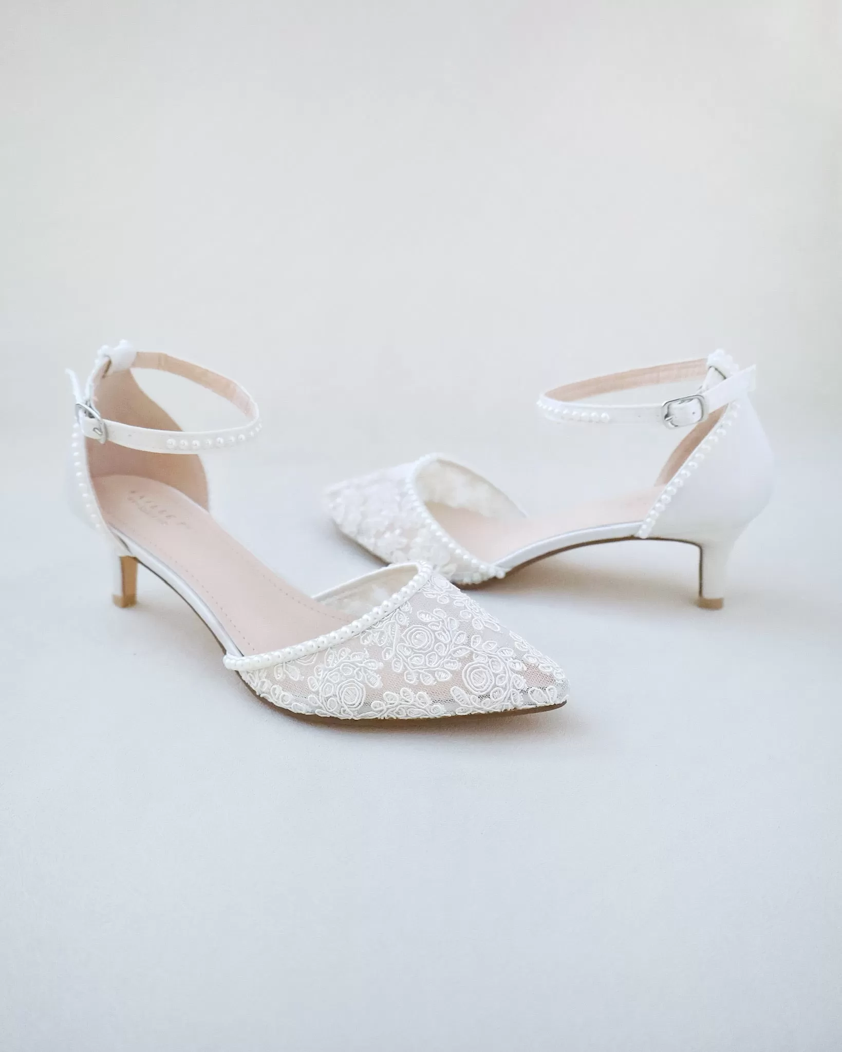 Crochet Lace Pointy Toe Wedding Low Heels with Mini Pearls