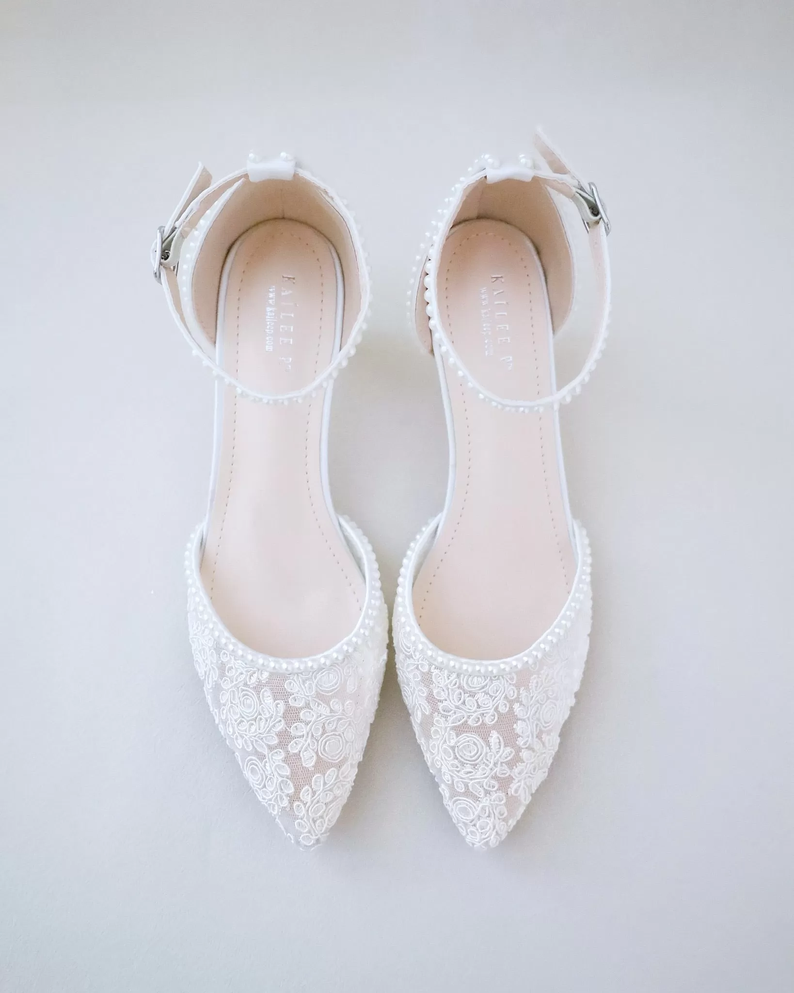 Crochet Lace Pointy Toe Wedding Low Heels with Mini Pearls