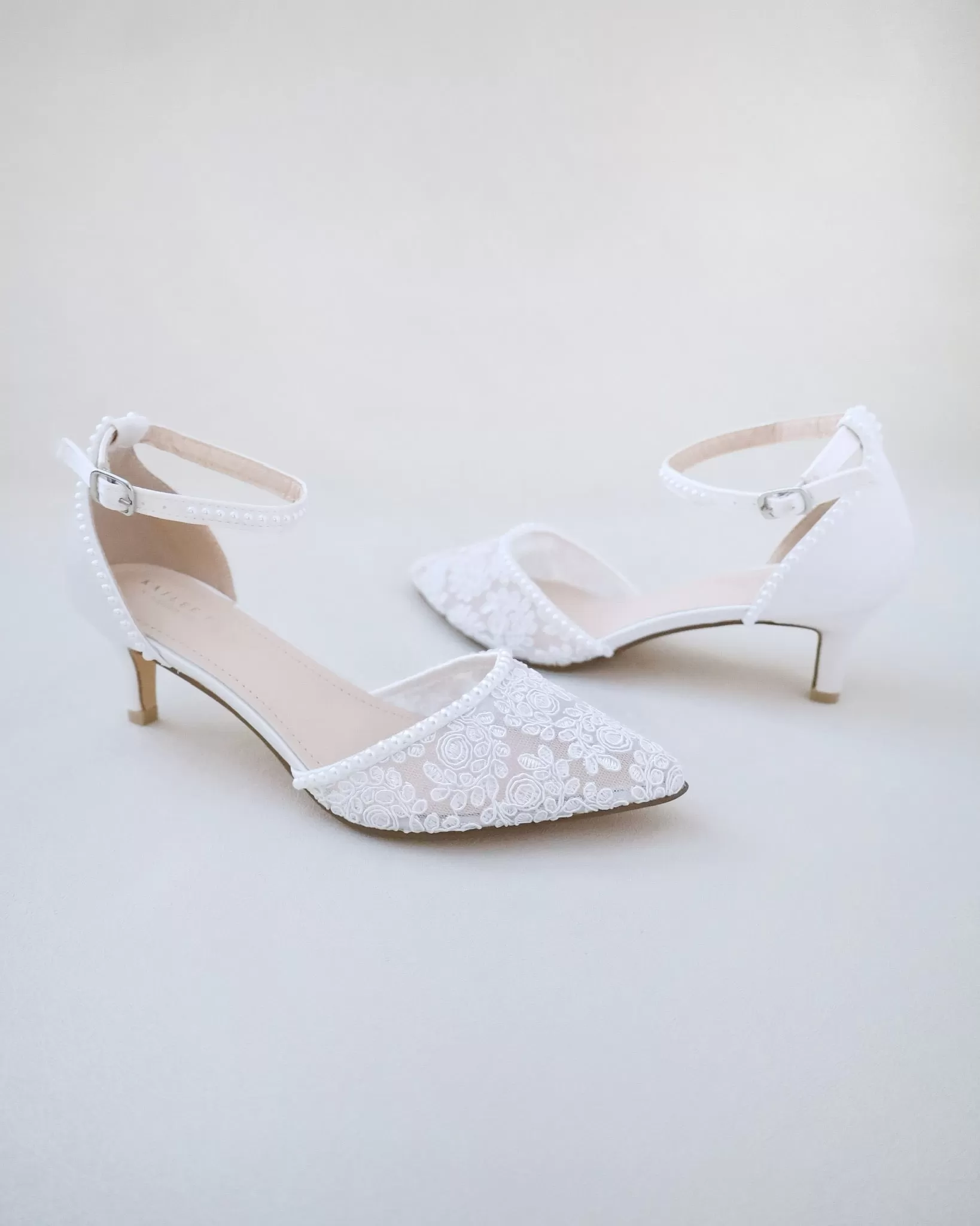 Crochet Lace Pointy Toe Wedding Low Heels with Mini Pearls