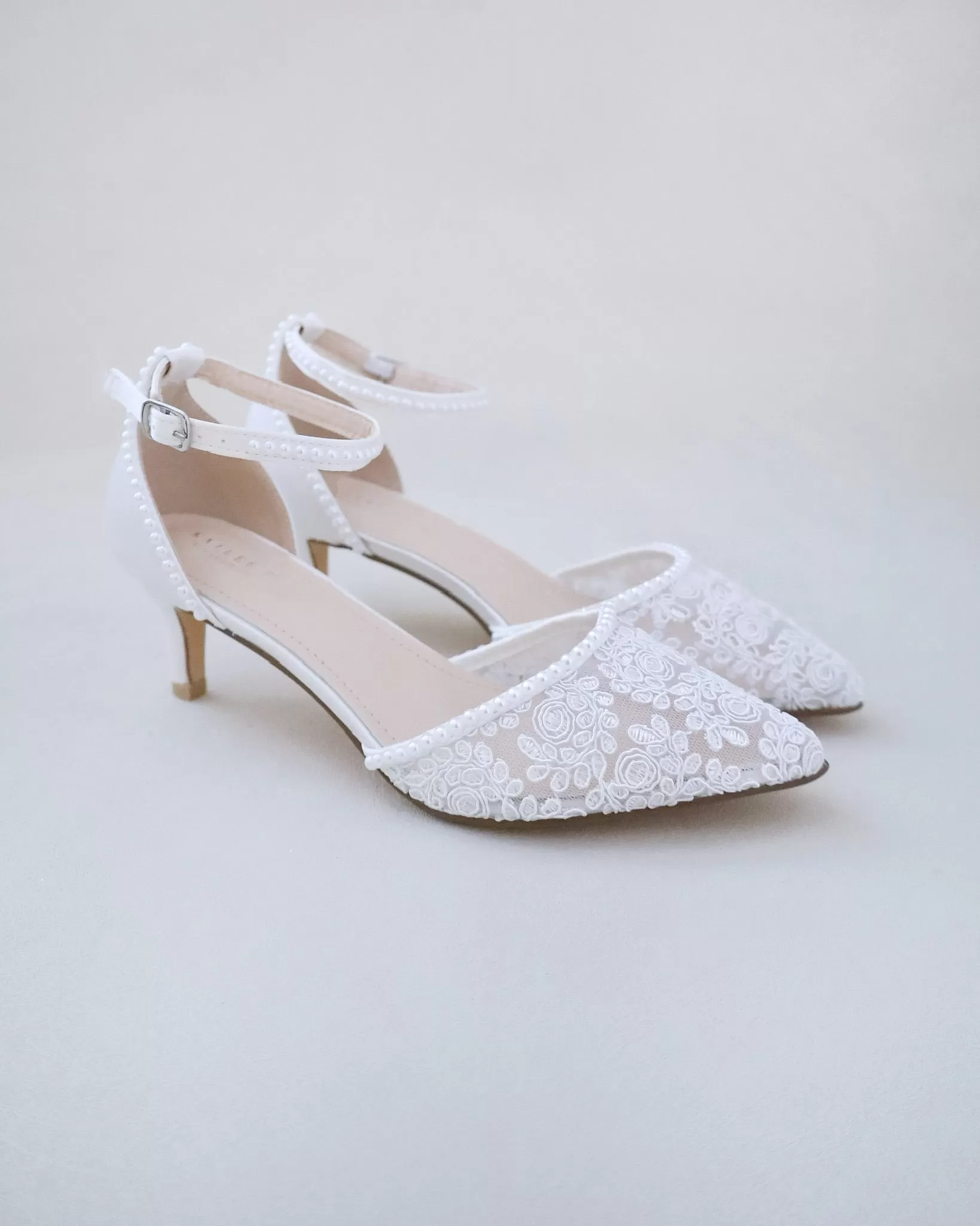 Crochet Lace Pointy Toe Wedding Low Heels with Mini Pearls