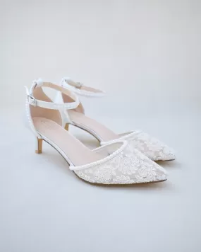 Crochet Lace Pointy Toe Wedding Low Heels with Mini Pearls