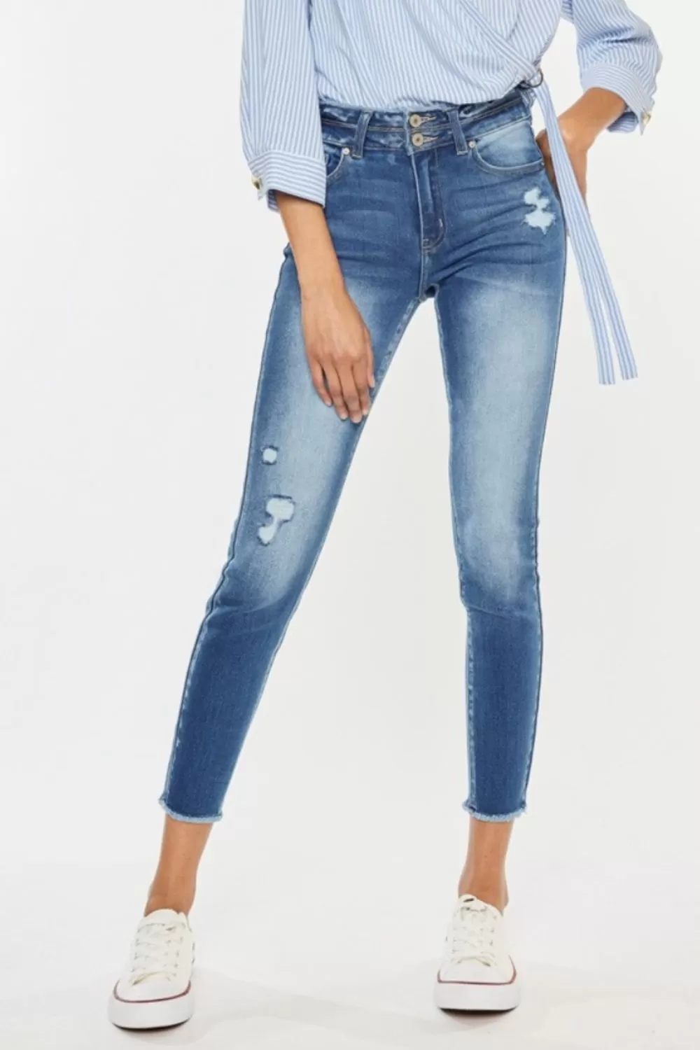 Distressed Raw Hem High Waist Jeans