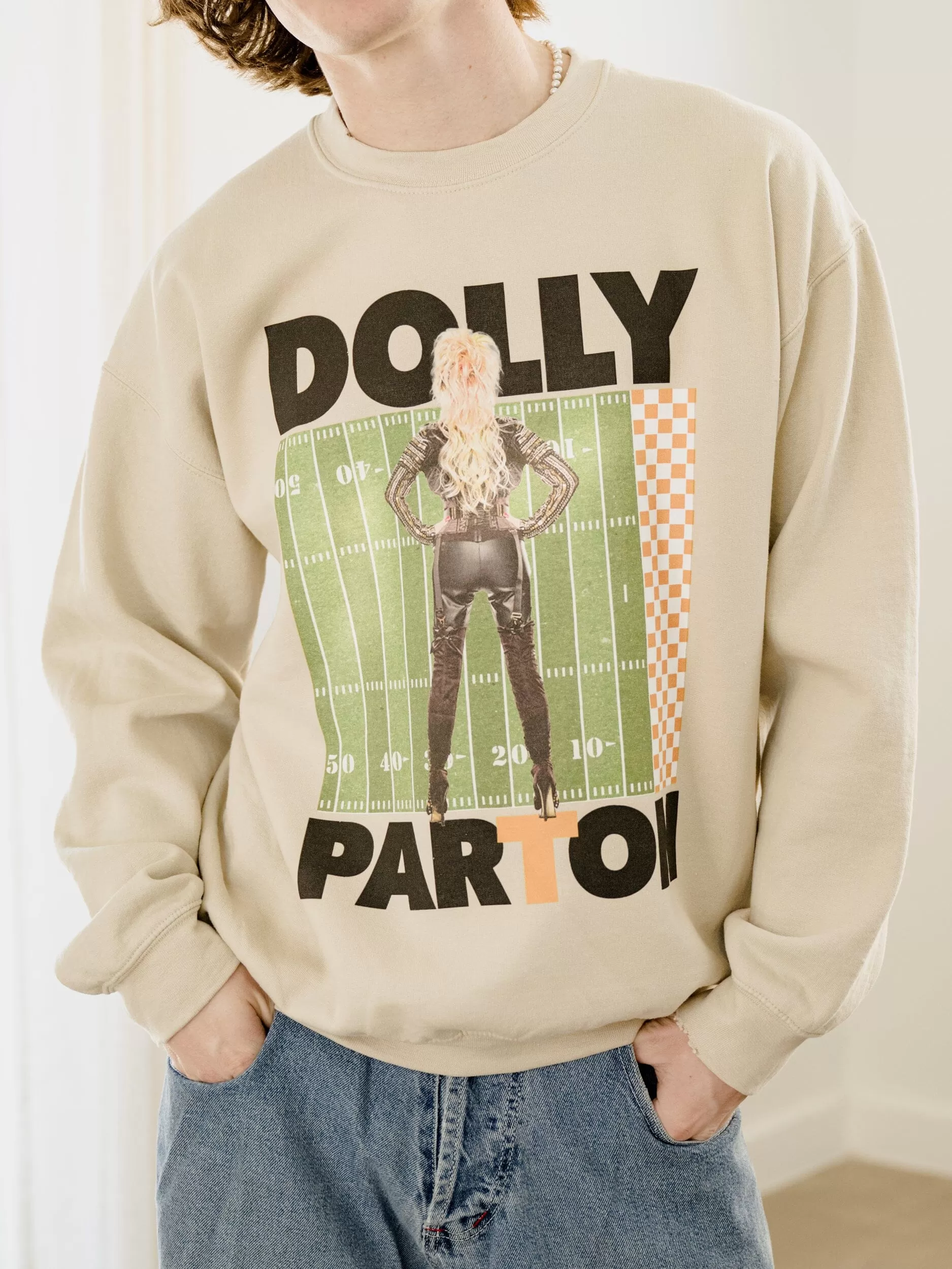 Dolly Parton Rockstar Vols Checkered Field Sand Thrifted Sweatshirt