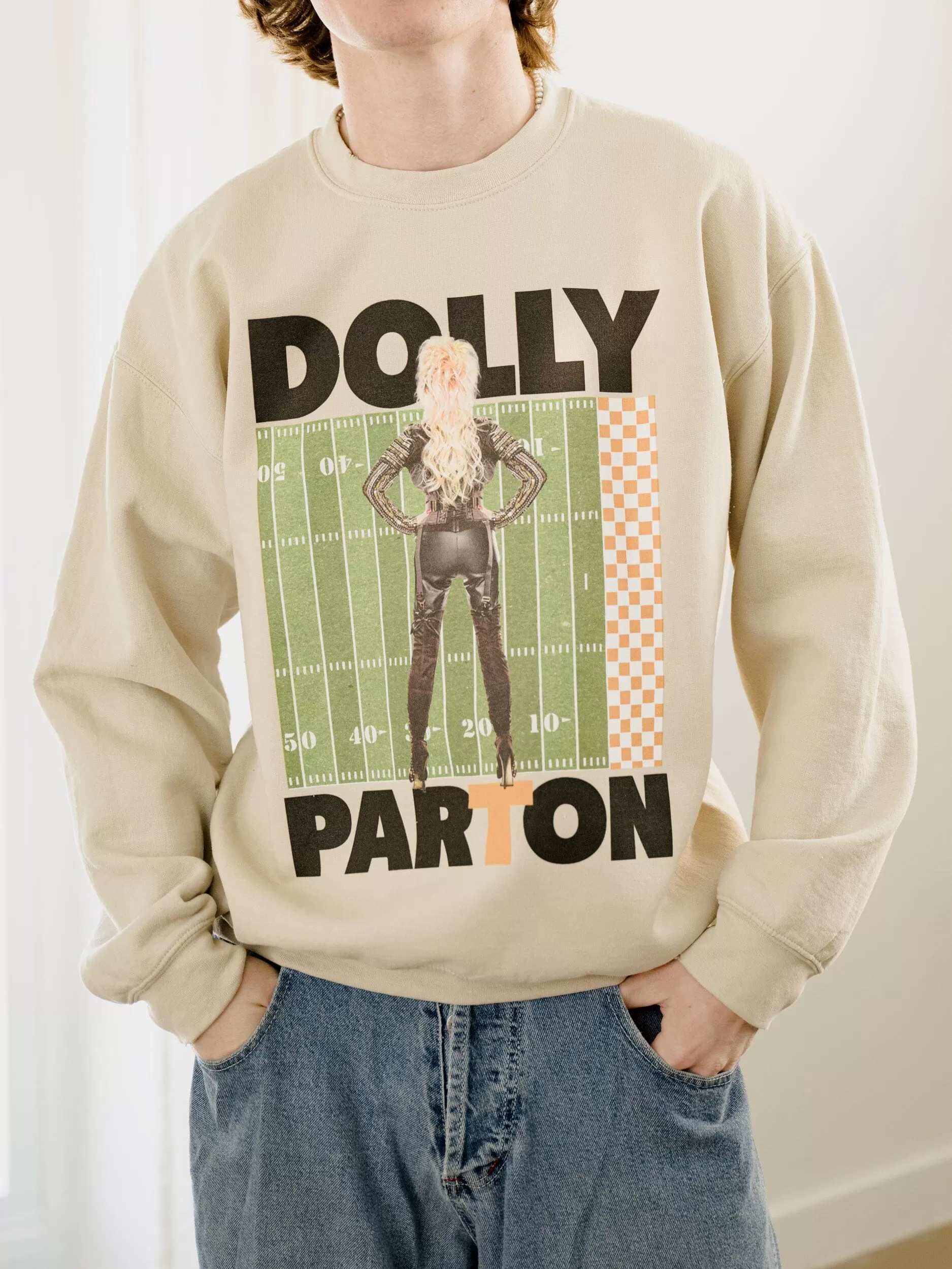 Dolly Parton Rockstar Vols Checkered Field Sand Thrifted Sweatshirt