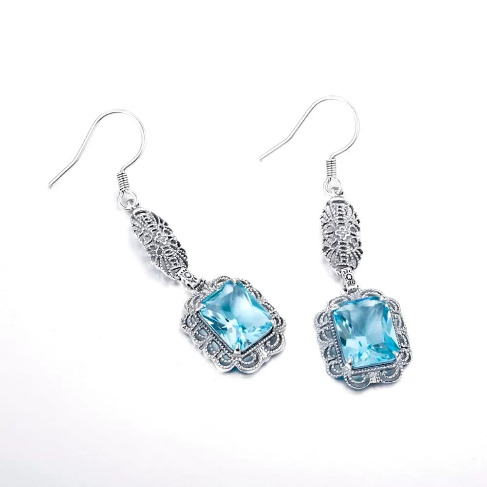 Ethnic Aquamarine Birthstone Earrings - 925 Sterling Silver