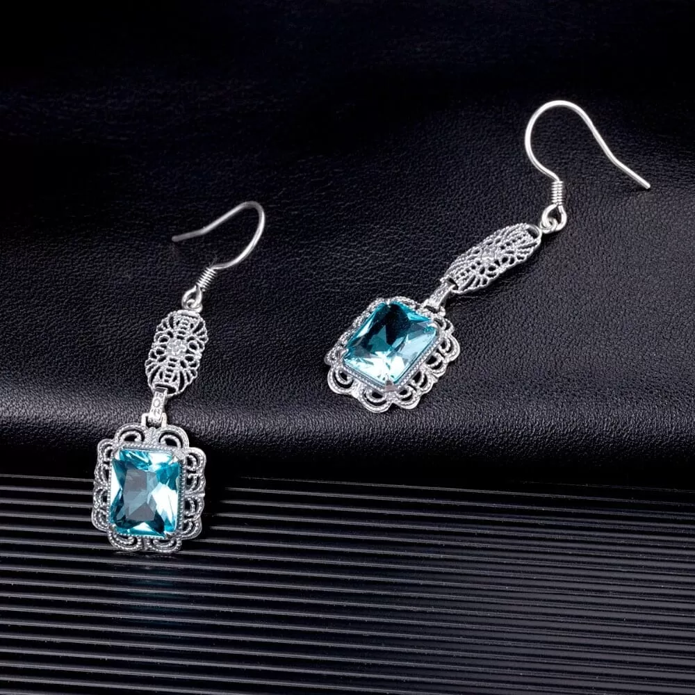 Ethnic Aquamarine Birthstone Earrings - 925 Sterling Silver