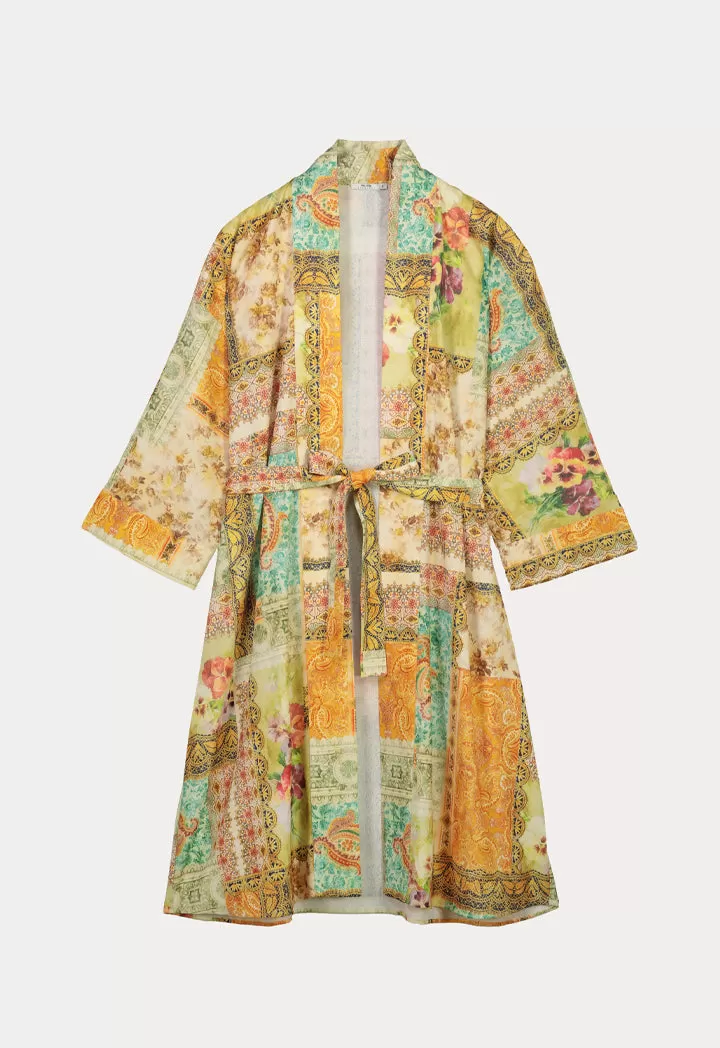 Ethnic Flower Printed Long Kimono