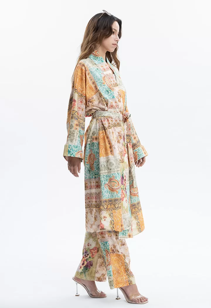 Ethnic Flower Printed Long Kimono