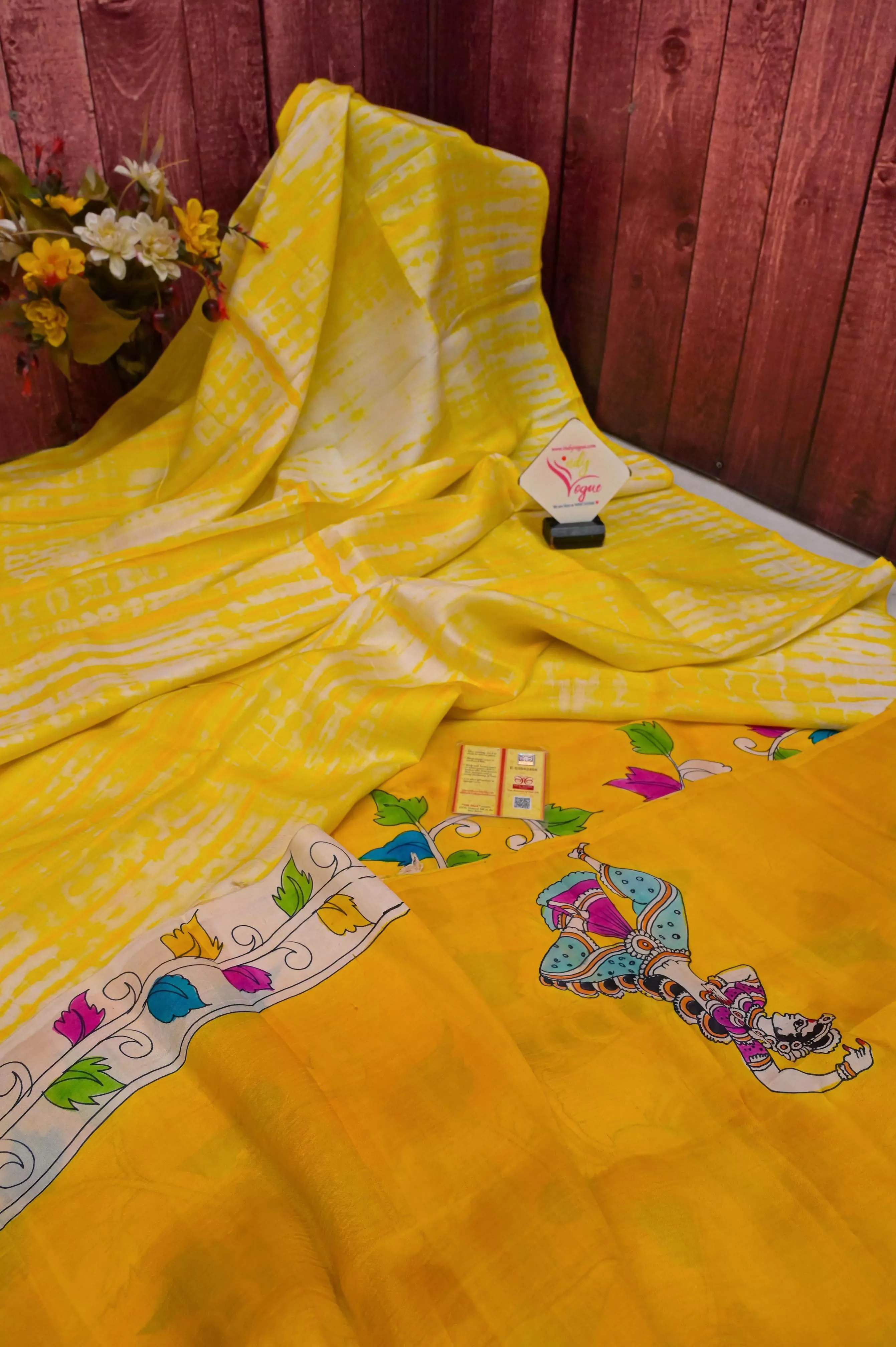 Fresh Yellow Color Pure Bishnupur Katan Silk with Hand Painted Kalamkari & Hand Shibori Dye