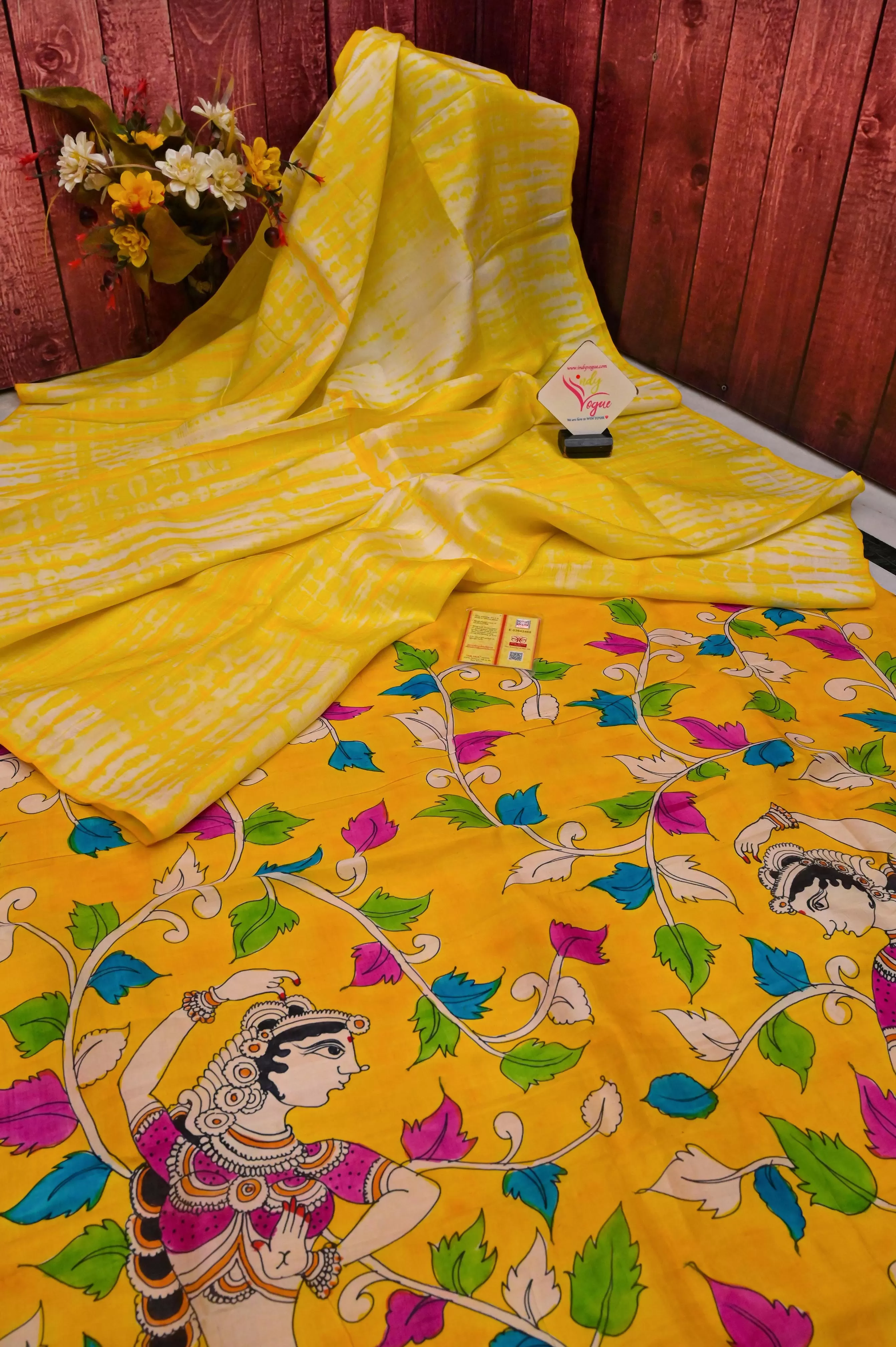 Fresh Yellow Color Pure Bishnupur Katan Silk with Hand Painted Kalamkari & Hand Shibori Dye