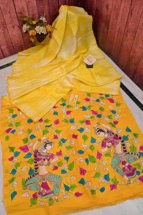 Fresh Yellow Color Pure Bishnupur Katan Silk with Hand Painted Kalamkari & Hand Shibori Dye