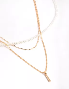 Gold Pearly Mix Chain 3 Row Necklace