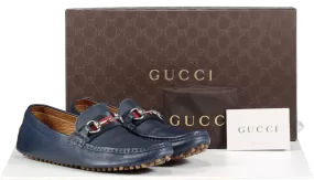 Gucci Navy Blue Leather Horsebit Loafers Driving Shoes UK 7 EU 41 👞