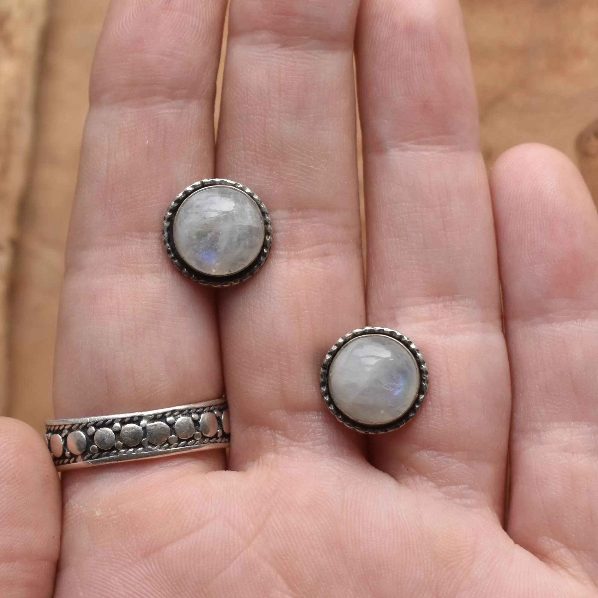 Large Hammered Posts - Rainbow Moonstone Studs - Moonstone Earrings - 10mm Rainbow Moonstone