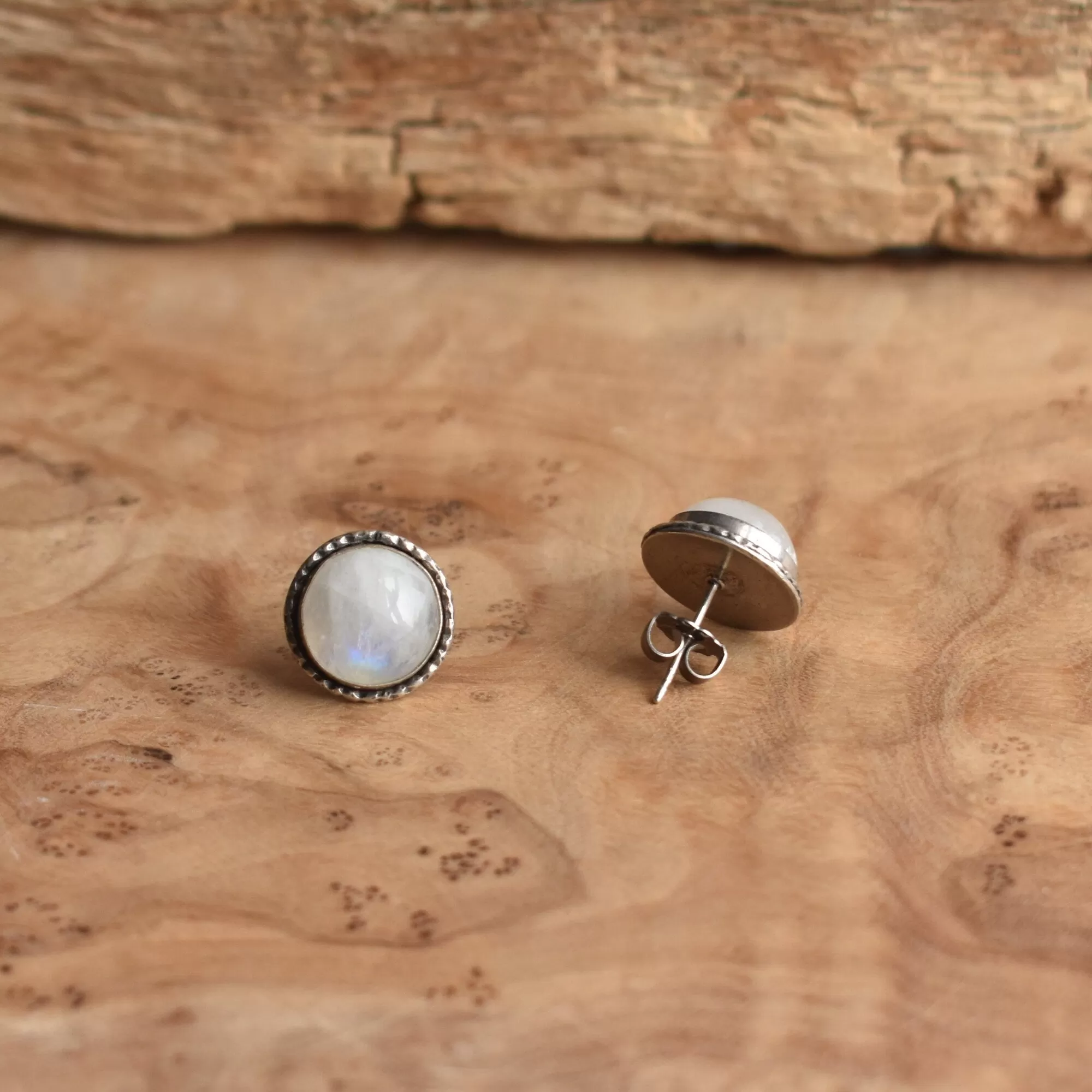 Large Hammered Posts - Rainbow Moonstone Studs - Moonstone Earrings - 10mm Rainbow Moonstone