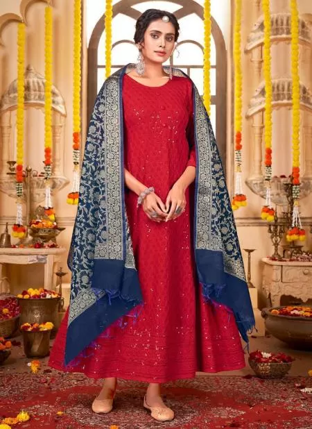 Magnificent Red Rayon Long Gown With Royal Blue Banarasi Jacquard Dupatta