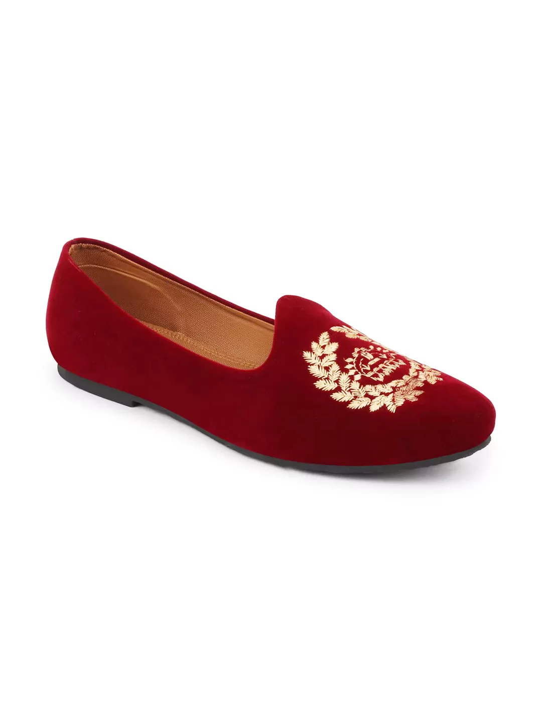 Men Red Velvet Leaf Print Embroidery Slip On Party Loafers