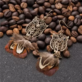 Metal Owl Styled Drop Dangle Feather Earring