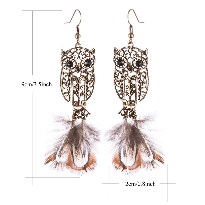 Metal Owl Styled Drop Dangle Feather Earring