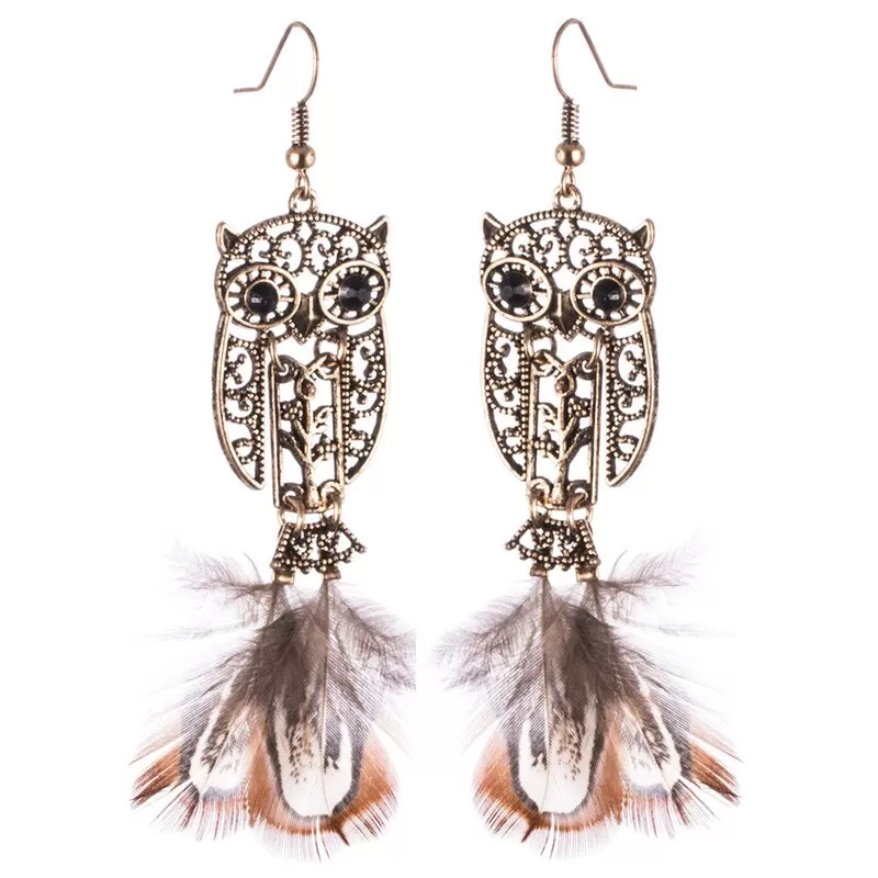 Metal Owl Styled Drop Dangle Feather Earring