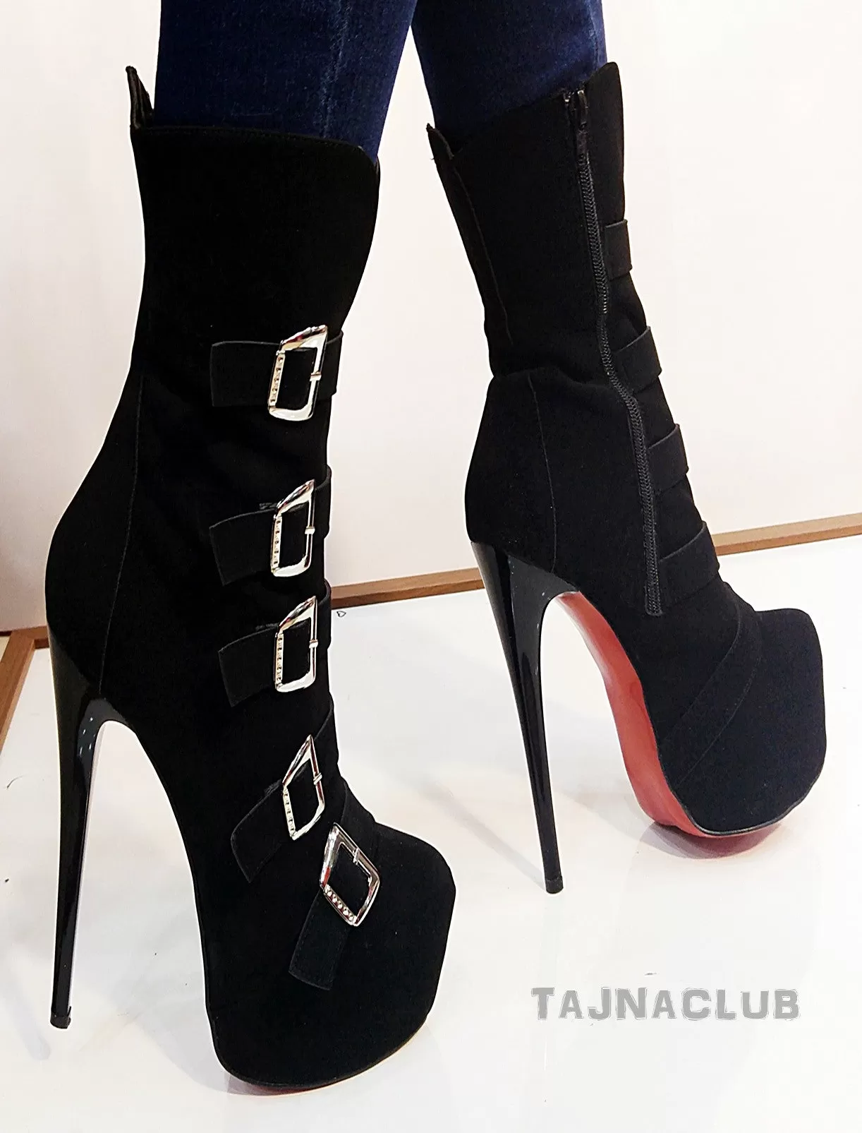 Midcalf Belt Buckle Black Boots Platform High Heel Shoes