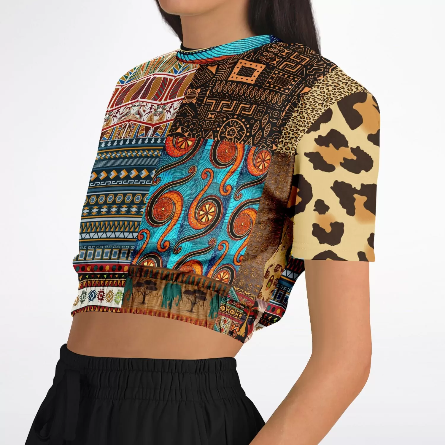 Mother Lode African Print Short Sleeve Cropped Eco-Poly Sweater