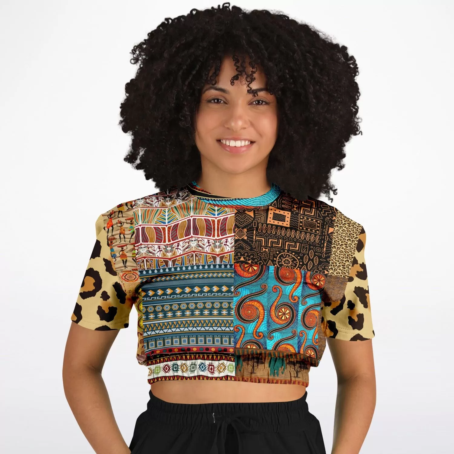 Mother Lode African Print Short Sleeve Cropped Eco-Poly Sweater