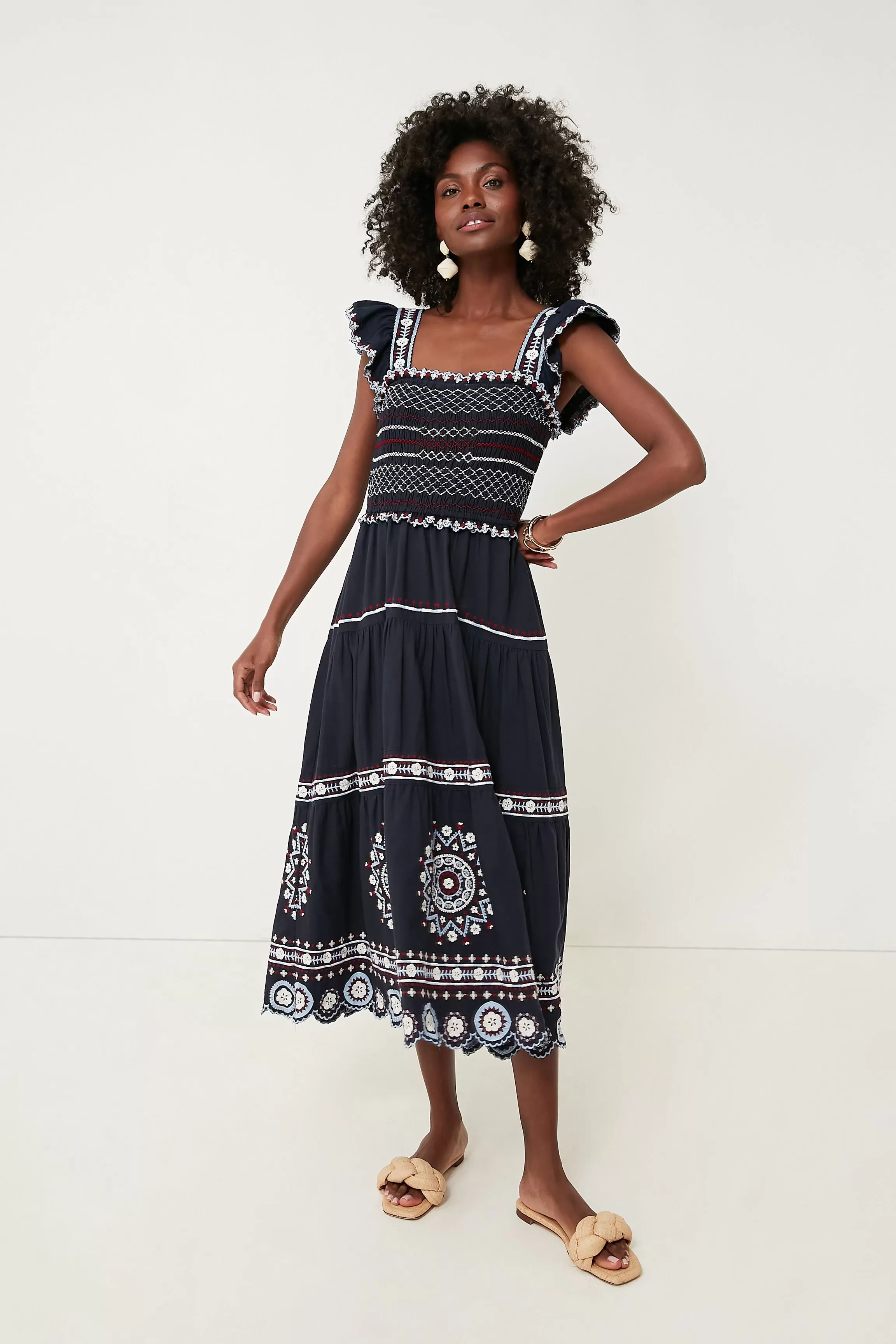 Navy Shaina Embroidery Flutter Sleeve Smocked Dress