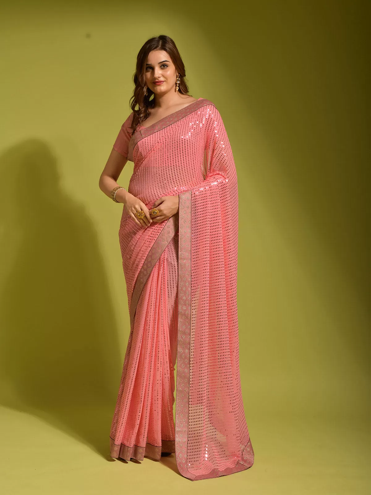 Odette Women Pink Georgette Designer Saree With Unstitched Blouse