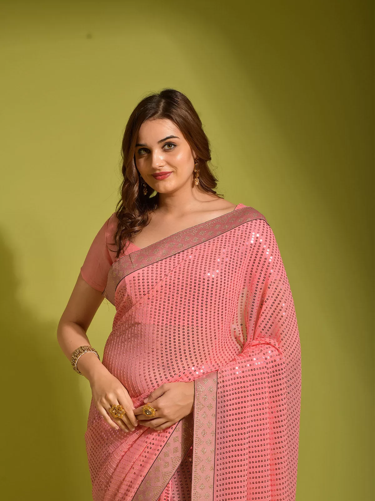 Odette Women Pink Georgette Designer Saree With Unstitched Blouse