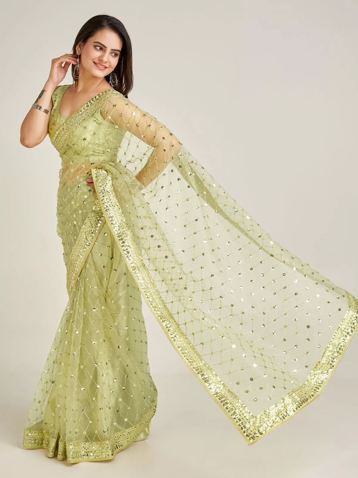 Odette Women Sparkling Green Net Sequins Saree