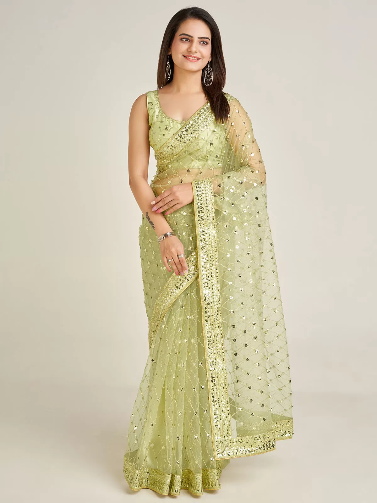 Odette Women Sparkling Green Net Sequins Saree