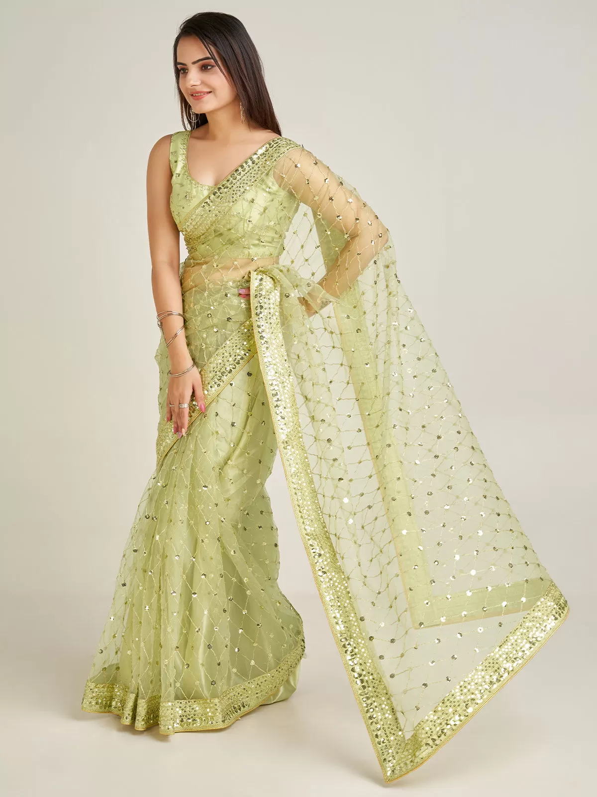 Odette Women Sparkling Green Net Sequins Saree