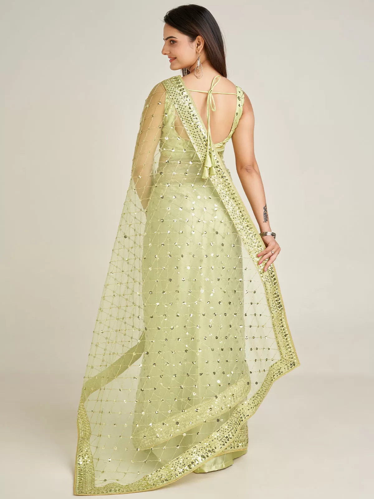 Odette Women Sparkling Green Net Sequins Saree