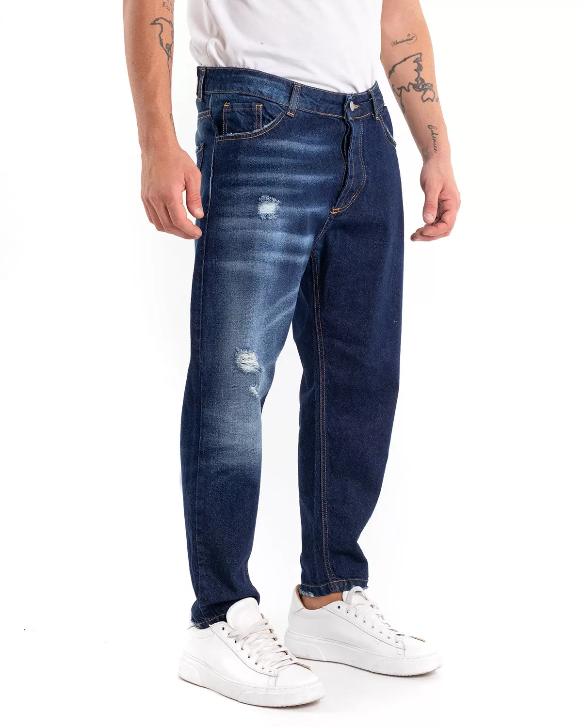 Pantaloni Jeans Uomo Loose Fit Denim Scuro Stone Washed Cinque Tasche GIOSAL-P5473A